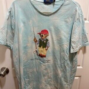 Vintage Polo Ralph Lauren T-Shirt Mens XL Light Blue Polo Bear Fishing Graphic